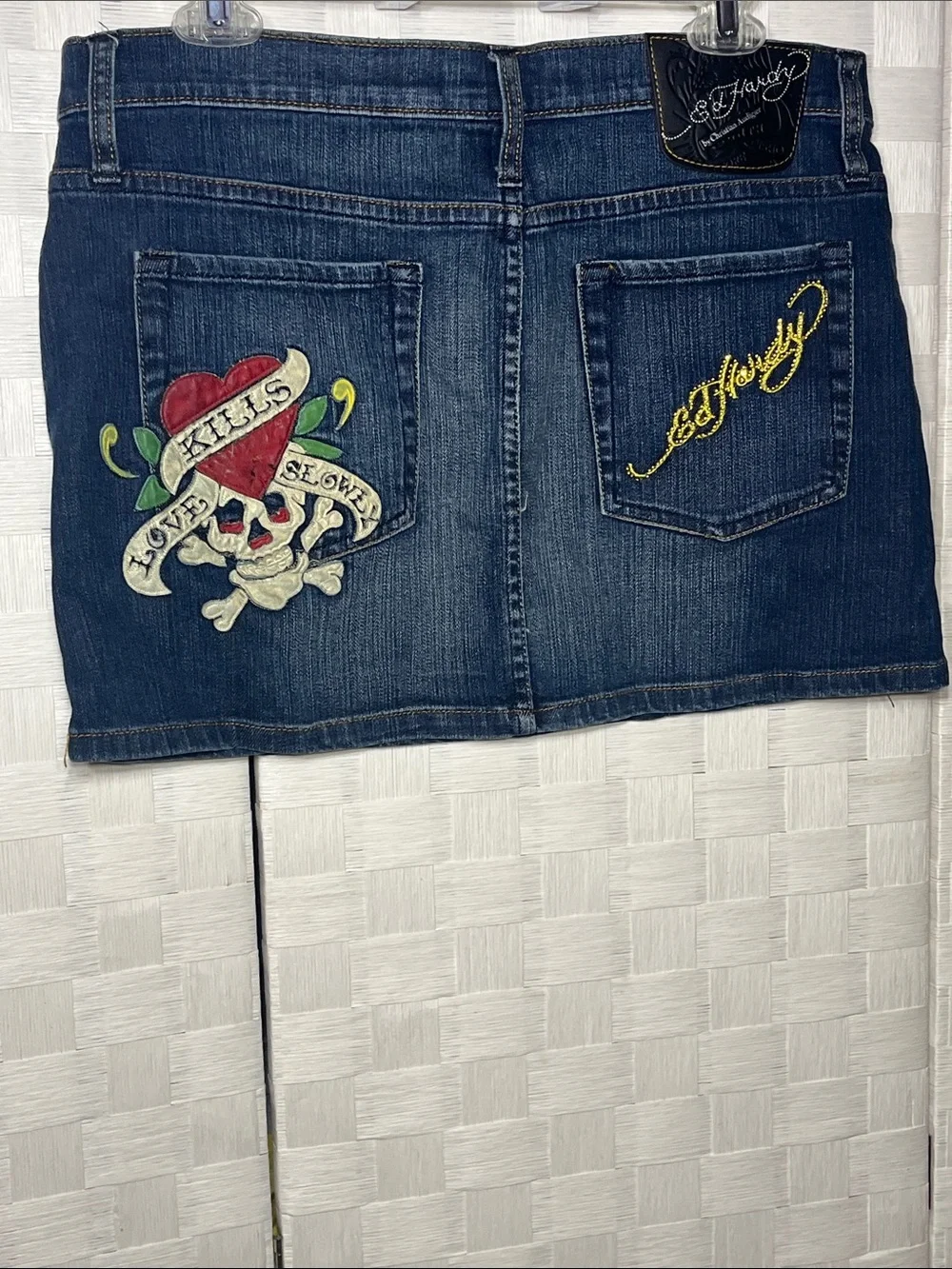 Ed Hardy Blue Denim Mini Skirt Love Kills Slowly Red Heart Skull Embroidery